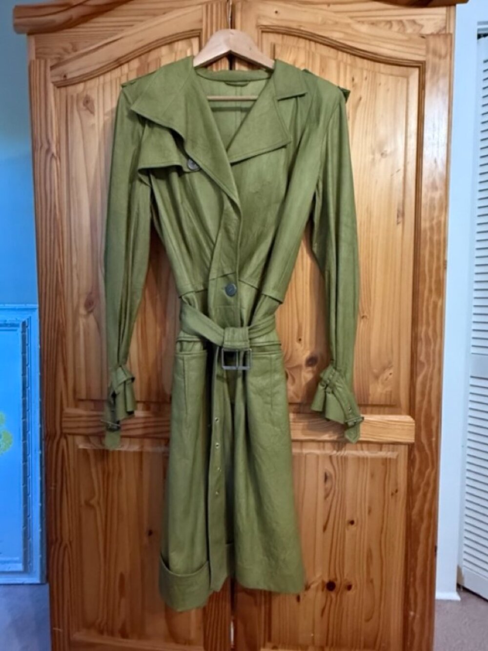 Vintage Classic JOHN GALLIANO Leather Trench Coat, Moss Green-Size 8